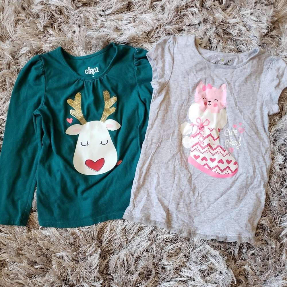 Reindeer and cat holiday tee shirt girls tops set